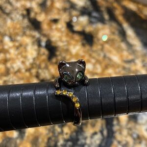 Adjustable Black Cat Ring with Green and Yellow Accents